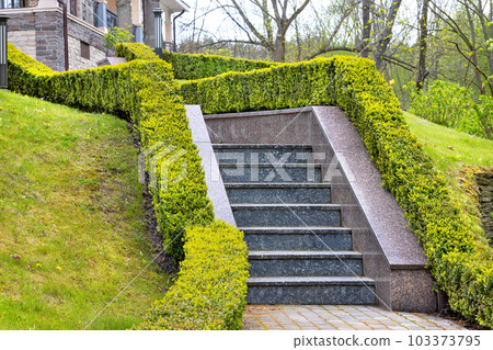 Beautiful landscaping of a personal plot on a slope with a granite staircase and trimmed bushes. 103373795