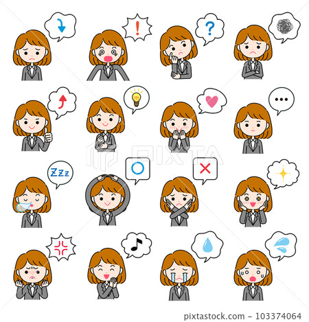 Emotional expression illustration of a woman in a suit with a speech bubble 103374064