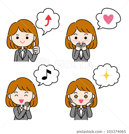 Positive emotion expression illustration of a woman in a suit with a speech bubble 103374065