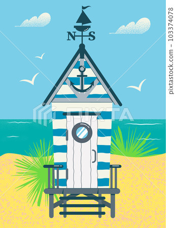 Beach house. Hut on the coast. Vector flat textured illustration. 103374078