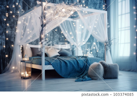 少女臥室，天篷床，藍色內飾 103374085