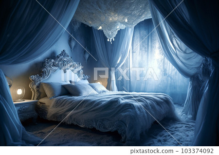 Girly bedroom, canopy bed, blue interior 103374092