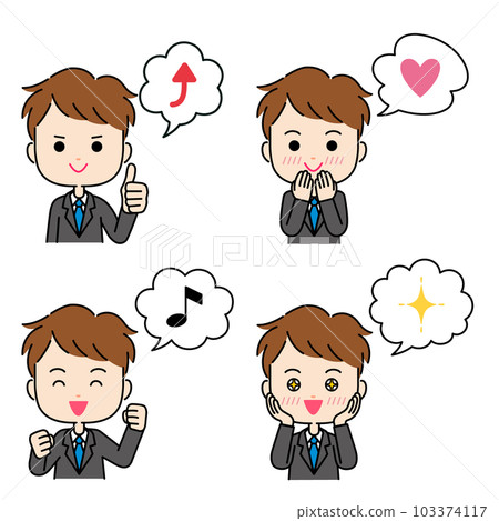 Positive emotion expression illustration of a man in a suit with a speech bubble 103374117