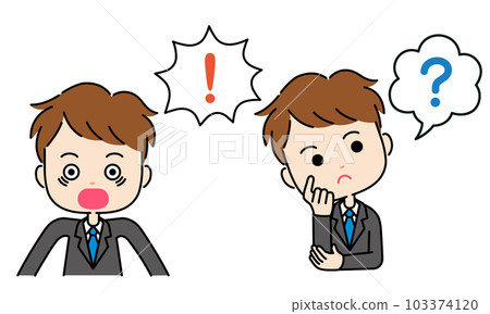 Exclamation mark expression illustration of a man in a suit with a speech bubble Exclamation mark expression illustration of a man in a suit with a speech bubble 103374120