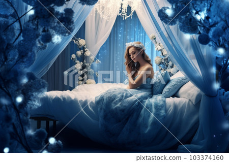 Beautiful western woman relaxing in her Art Nouveau bedroom, blue interior 103374160
