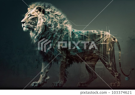 Image of a lion with beautiful bright colors on a dark background. Wildlife Animals. Illustration, generative AI. Image of a lion with beautiful bright colors on a dark background. Wildlife Animals. Illustration, generative AI. 103374621