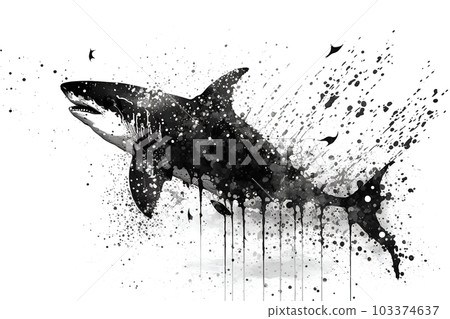 Image of a shark drawing using a brush and black ink on white background. Sea animals. Illustration, generative AI. 103374637