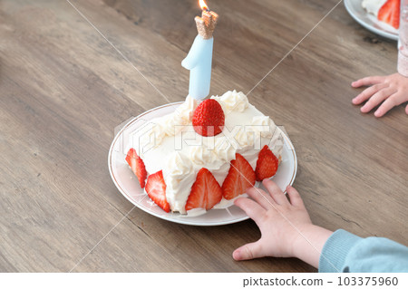 男孩的手試圖觸摸生日蛋糕 103375960