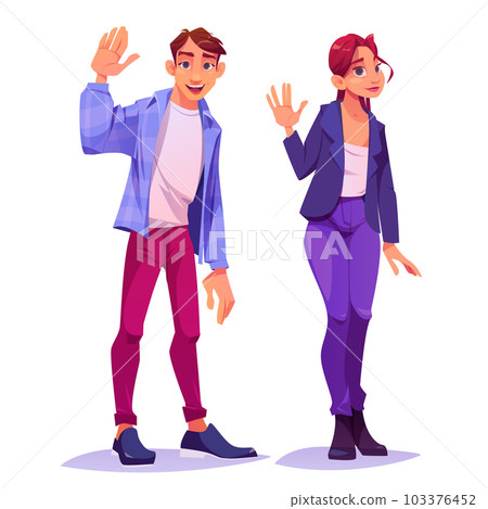 People, man and woman characters waving hand 103376452