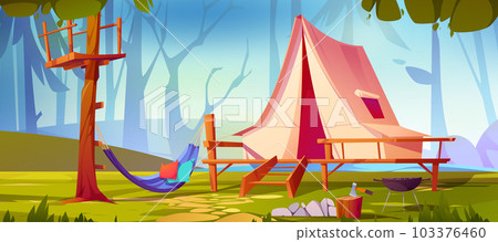 Camp tent near pond in forest vector background 103376460