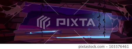 Abandoned stone cave in jungle with pond vector 103376461