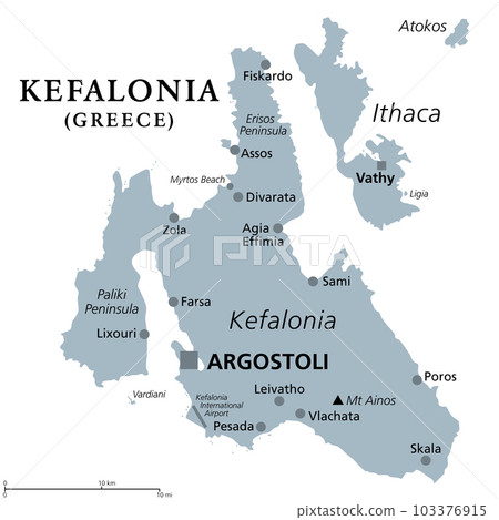 Kefalonia, Greek island, gray political map. Also known as Cephalonia, Kefallinia or Kephallenia. The largest Ionian Island, located in western Greece and in the Ionian Sea, with capital Argostoli. Kefalonia, Greek island, gray political map. Also known as Cephalonia, Kefallinia or Kephallenia. The largest Ionian Island, located in western Greece and in the Ionian Sea, with capital Argostoli. 103376915