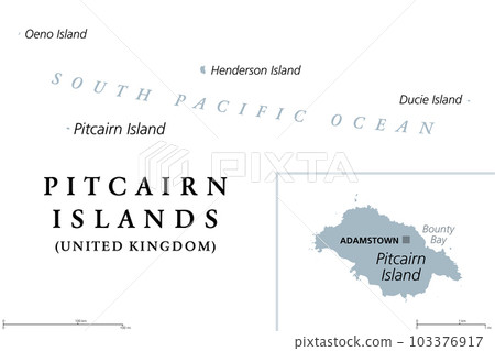 Pitcairn Islands, British Overseas Territory, gray political map. Pitcairn, Henderson, Ducie and Oeno Islands. South Pacific volcanic island group. Mutiny on the Bounty took place on Pitcairn Island. 103376917