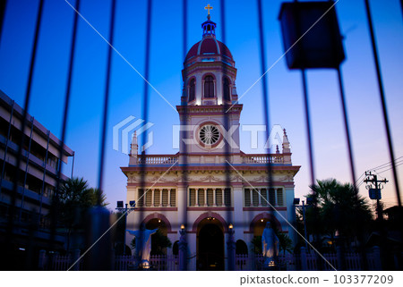Santa Cruz Church illuminated at twilight , Historic Thai-Portuguese Neighborhood Dating Back to the Ayutthaya Period, in Bangkok, Thailand. Santa Cruz Church illuminated at twilight , Historic Thai-Portuguese Neighborhood Dating Back to the Ayutthaya Period, in Bangkok, Thailand. 103377209