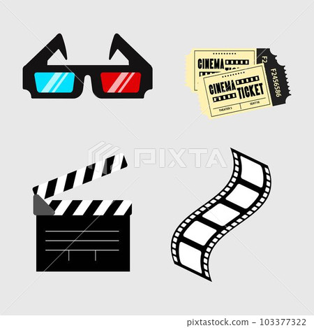 Cinema icon set. Open clapper board. Ticket movie. film strip on the gray background 103377322