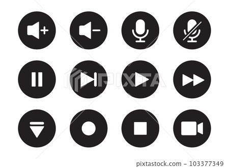 Audio, video, music player button icon. Sound control, play, pause button solid icon set. Camera, media control, microphone interface pictogram. Vector Audio, video, music player button icon. Sound control, play, pause button solid icon set. Camera, media control, microphone interface pictogram. Vector 103377349