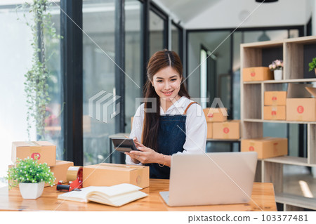 Small businesses SME owners female entrepreneurs working with parcel, e-business, marketing, online shop, sme, entrepreneurs 103377481