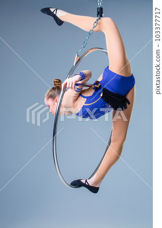 Young woman hanging in aerial ring on a blue background Young woman hanging in aerial ring on a blue background 103377717