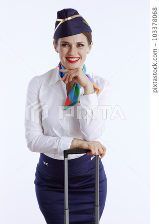 happy elegant female flight attendant on white happy elegant female flight attendant on white 103378068