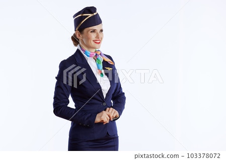 smiling stylish flight attendant woman on white 103378072