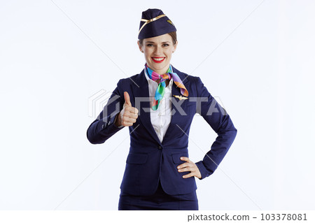 happy elegant female air hostess on white showing thumbs up happy elegant female air hostess on white showing thumbs up 103378081