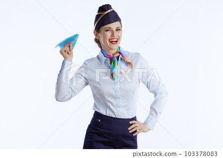 smiling stylish air hostess woman on white 103378083