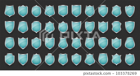 Set of vintage glass 3d shield icons. Blue heraldic shields. Black protection and security symbol, label. Vector illustration 103378269