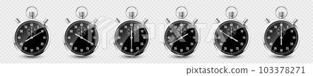 Realistic classic stopwatch. Shiny metal chronometer, time counter with dial. Countdown timer showing minutes and seconds. Time measurement for sport, start and finish. Vector illustration Realistic classic stopwatch. Shiny metal chronometer, time counter with dial. Countdown timer showing minutes and seconds. Time measurement for sport, start and finish. Vector illustration 103378271