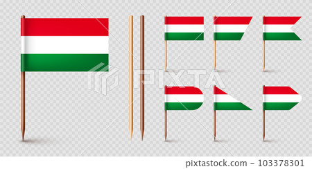 Realistic various Hungarian toothpick flags. Souvenir from Hungary. Wooden toothpicks with paper flag. Location mark, map pointer. Blank mockup for advertising and promotions. Vector illustration Realistic various Hungarian toothpick flags. Souvenir from Hungary. Wooden toothpicks with paper flag. Location mark, map pointer. Blank mockup for advertising and promotions. Vector illustration 103378301