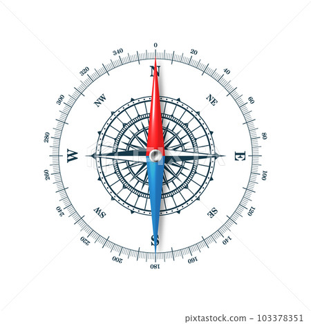 Marine compass, nautical wind rose with cardinal directions of North, East, South, West and degree markings. Geographical position and orientation, cartography and navigation. Vector illustration 103378351