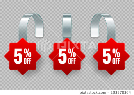 Supermarket promotional wobblers. Realistic red wobbler template for shelf advertising, 5 percent off discount. Sale label with ad text. Special offer price tag. Vector illustration 103378364