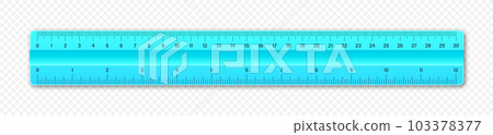 Realistic plastic ruler with measurement scale and divisions, measure marks. School ruler, centimeter and inch scale for length measuring. Office supplies. Vector illustration Realistic plastic ruler with measurement scale and divisions, measure marks. School ruler, centimeter and inch scale for length measuring. Office supplies. Vector illustration 103378377