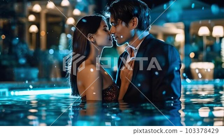 亞洲情侶在豪華酒店的夜間泳池中相愛(生成 AI) 亞洲情侶在豪華酒店的夜間泳池中相愛(生成 AI) 103378429