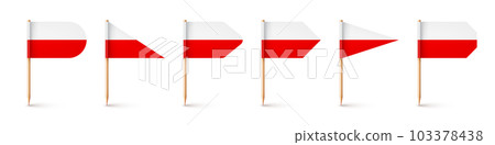 Polish toothpick flags. Souvenir from Poland. Wooden toothpicks with paper flag. Location mark, map pointer. Blank mockup for advertising and promotions. Vector illustration Polish toothpick flags. Souvenir from Poland. Wooden toothpicks with paper flag. Location mark, map pointer. Blank mockup for advertising and promotions. Vector illustration 103378438
