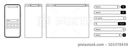 Smartphone, web browser, internet page window with toolbar and search bar, field. Modern website in flat style, line art. Blank browser mockup for computer, tablet and smartphone. Vector illustration Smartphone, web browser, internet page window with toolbar and search bar, field. Modern website in flat style, line art. Blank browser mockup for computer, tablet and smartphone. Vector illustration 103378439