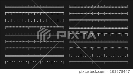 Various measurement scales with divisions. Realistic white scale for measuring length or height in centimeters, millimeters or inches. Ruler, tape measure marks, size indicators. Vector illustration Various measurement scales with divisions. Realistic white scale for measuring length or height in centimeters, millimeters or inches. Ruler, tape measure marks, size indicators. Vector illustration 103378447