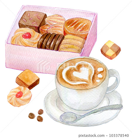 Latte art and cookie can watercolor illustration hand-drawn illustration Latte art and cookie can watercolor illustration hand-drawn illustration 103378540