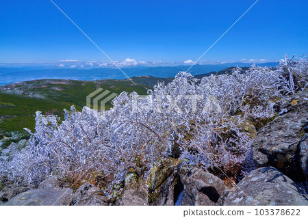 View of the east side (such as Mt. Futago) and trees covered with hoarfrost from just below the summit of Mt. Tateshina, Nagano Prefecture in spring 103378622