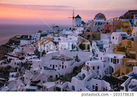Greece Travelogue Aegean Islands Santorini City of Oia at Dusk 103378638