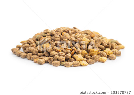 Dry kibble pet food. Dog or cat food isolated on white background. Dry kibble pet food. Dog or cat food isolated on white background. 103378787