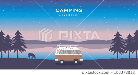 wanderlust camping adventure in the wilderness with camper van and deer 103378838