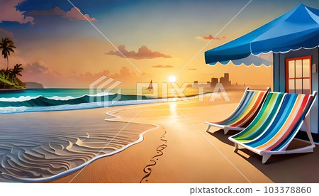 Sandy beach at sunset with beach chairs 103378860