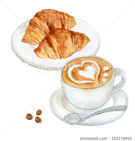 Latte art and croissant watercolor illustration hand-drawn illustration 103378950