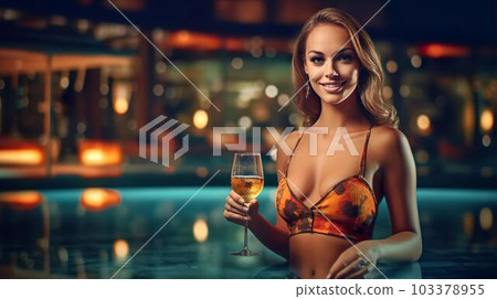 穿著泳衣的白人女性在夜間泳池/水療中心喝酒（生成 AI） 103378955