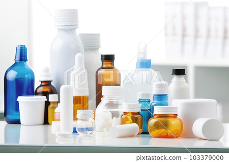 Set of medicines and pills in different packages and glass bottles, generative AI. Set of medicines and pills in different packages and glass bottles, generative AI. 103379000