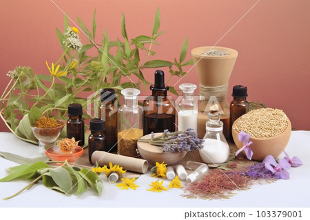 Medicinal herbs and spices for homeopathy. A set of jars for cosmetics, generative AI. Medicinal herbs and spices for homeopathy. A set of jars for cosmetics, generative AI. 103379001