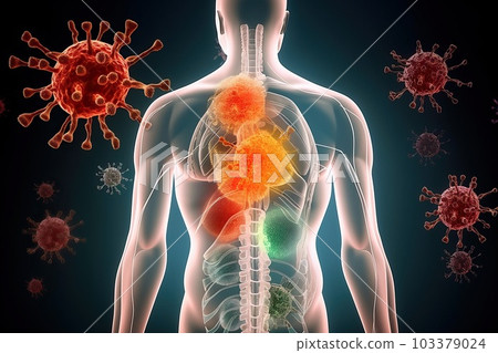 Projection of the silhouette of the human body in the environment of cells that carry diseases. An acquired immunodeficiency virus cell that attacks healthy cells, generative AI. 103379024