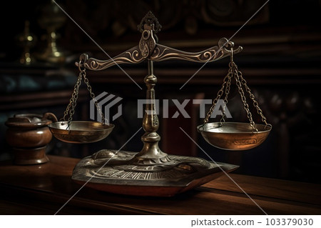 Silver and authentic scales on a wooden table, easily illuminated by light, generative AI. 103379030