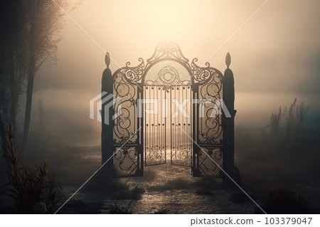 Entrance to dungeons and hell. A large wrought-iron gate to the garden, the park in an eerie fog, generative AI. 103379047