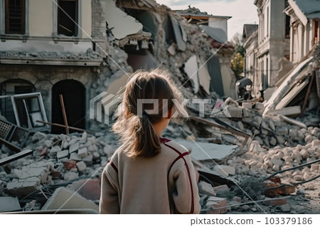 The child stands with his back turned and looks at the ruined and destroyed house,generative AI. The child stands with his back turned and looks at the ruined and destroyed house,generative AI. 103379186